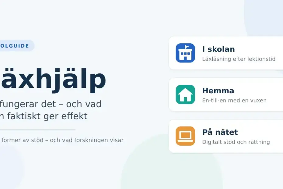 Illustrerad grafik med rubriken "Läxhjälp" och tre kort som visar var läxhjälp kan ske: i skolan, hemma och på nätet.