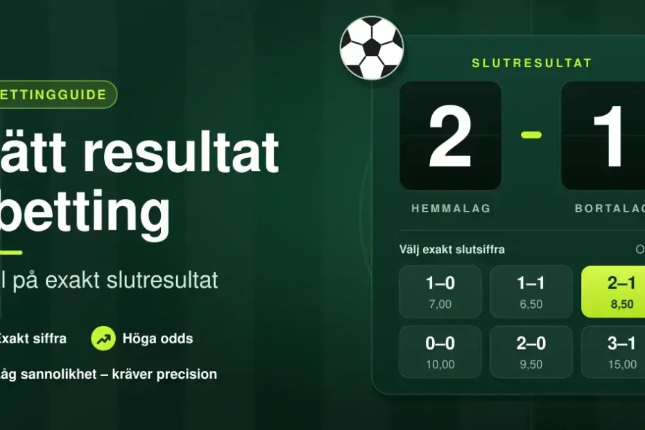 Grafik med rubriken ”Rätt resultat i betting – spel på exakt slutresultat” bredvid en resultattavla som visar 2–1 mellan hemmalag och bortalag samt ett urval av exakta slutsiffror med odds, där 2–1 är markerat.