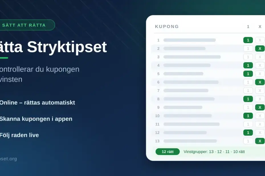 Kupong för Stryktipset som rättas: 13 rader med 1, X och 2 där rätt tecken är gröna, bredvid rubriken "Rätta Stryktipset" och de tre sätten att kontrollera kupongen.