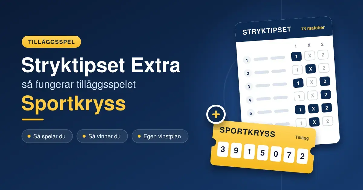 Illustration av en Stryktipskupong med 1X2-markeringar och en gul Sportkryss-lott med sjusiffrigt nummer, bredvid rubriken "Stryktipset Extra – så fungerar tilläggsspelet Sportkryss".
